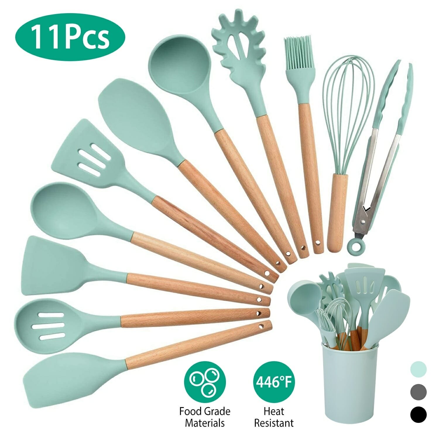 ComCreate Silicone Cooking Kitchen 11PCS Wooden Utensils Tool for